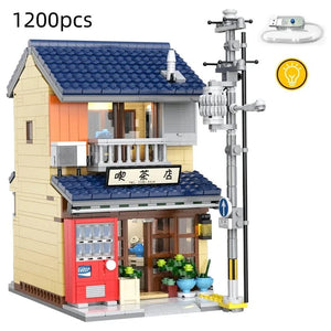 Planet Gates Cada LED City Japanese Street View Bricks Shop LED Japanese Steamed Bun House Architecture Building Blocks Summer Cafe Toys