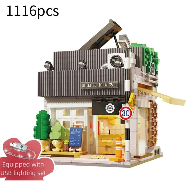 Planet Gates Cada LED City Japanese Street View Bricks Shop LED Japanese Steamed Bun House Architecture Building Blocks Summer Cafe Toys