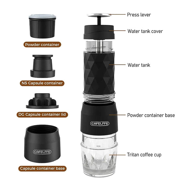 Planet Gates Cafelffe 3 In1 Portable Coffee Machine Hot/Cold Water Manual Espresso Maker For Capsule & Ground Hand Press Brewer hiking Travel