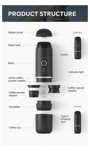 Planet Gates Cafelffe Portable Coffee Machine Wireless Electric Espresso Maker Fit Nes Capsule & Coffee Powder Gift for Lover,dad,hiking camp