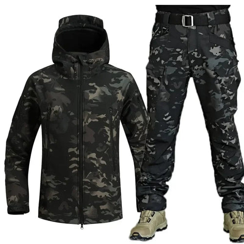 Planet Gates Camo-2 / 3XL(85-95kg) Tactical Clothing Men's Thick Softshell Winter Shark Leather Jacket Velvet Mountaineering Suit Fishing Windproof Two-Piece Set