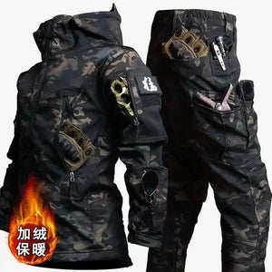 Planet Gates Camo-2 / M Tactical Winter Set Men's Military Outdoor Windproof Waterproof Suit Multi-Pocket Soft Shell Hooded Jackets Sharkskin Work Pants