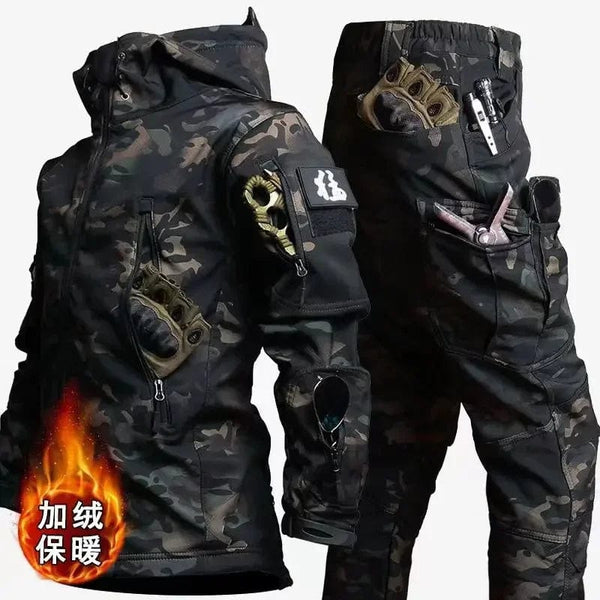 Planet Gates Camo-2 / M Tactical Winter Set Men's Military Outdoor Windproof Waterproof Suit Multi-Pocket Soft Shell Hooded Jackets Sharkskin Work Pants