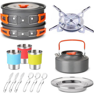 Planet Gates Camping Travel Equipment Tableware Cookware Kit Pots Burner Gas Stove Accessories Kitchen Utensils Sets Picnic BBQ Supplies