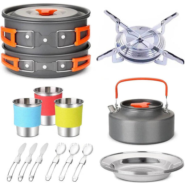 Planet Gates Camping Travel Equipment Tableware Cookware Kit Pots Burner Gas Stove Accessories Kitchen Utensils Sets Picnic BBQ Supplies