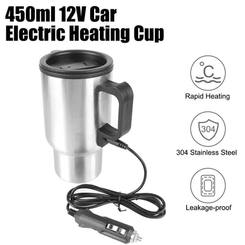 Planet Gates Camping Travel Kettle Water Coffee Milk Thermal Mug Vehicle Heating Cup Electric Heating Car Kettle 12V 450ml Stainless Steel