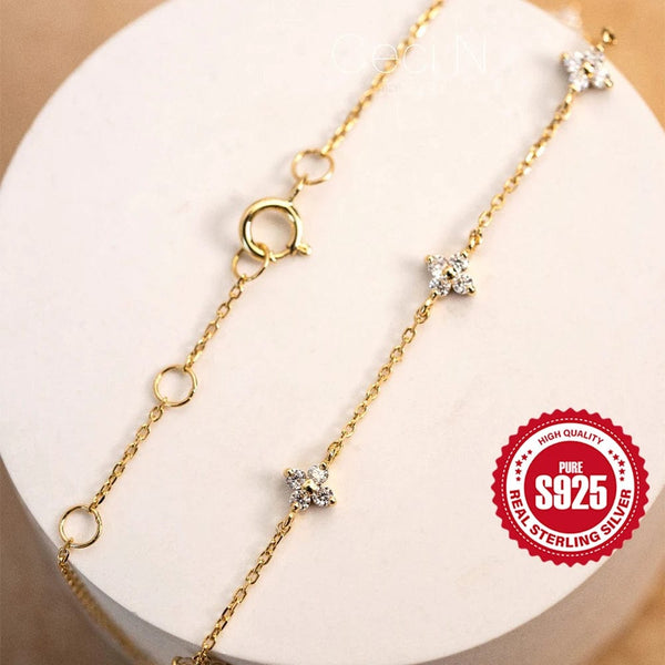 Planet Gates CANNER Real S925 Sterling Silver Mini Zircon Flower Pendant Bracelet Chain for Women's Fine Jewelry Gifts Gold Bracelets Bangles