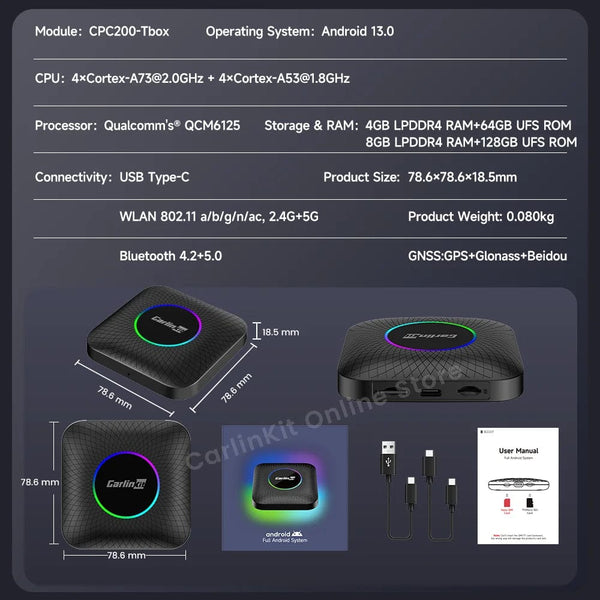 Planet Gates Carlinkit Android 13 Tv Box LED 8+128GB CarPlay Wireless Android Auto Wireless Adapter Support Youtube Netfilx IPTV Spotify GPS