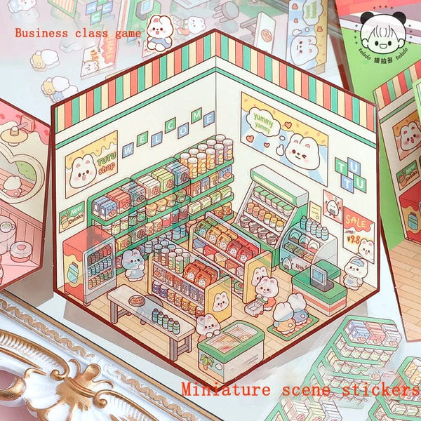 Planet Gates Cartoon Miniature Scene Stickers, No Cutting Landscape Stickers 3D Stereoscopic Hut Hand Tent Children's Stickers Quiet Book