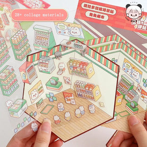 Planet Gates Cartoon Miniature Scene Stickers, No Cutting Landscape Stickers 3D Stereoscopic Hut Hand Tent Children's Stickers Quiet Book