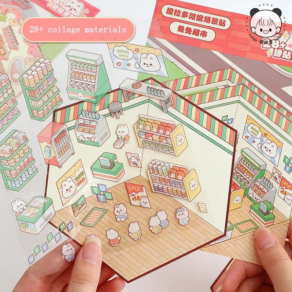 Planet Gates Cartoon Miniature Scene Stickers, No Cutting Landscape Stickers 3D Stereoscopic Hut Hand Tent Children's Stickers Quiet Book