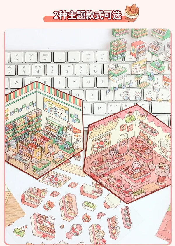 Planet Gates Cartoon Miniature Scene Stickers, No Cutting Landscape Stickers 3D Stereoscopic Hut Hand Tent Children's Stickers Quiet Book