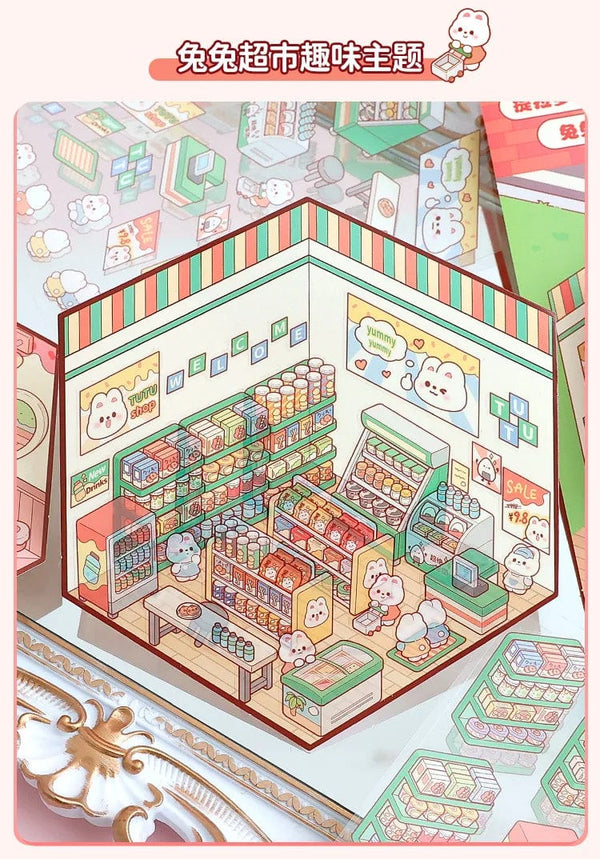 Planet Gates Cartoon Miniature Scene Stickers, No Cutting Landscape Stickers 3D Stereoscopic Hut Hand Tent Children's Stickers Quiet Book