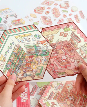 Planet Gates Cartoon Miniature Scene Stickers, No Cutting Landscape Stickers 3D Stereoscopic Hut Hand Tent Children's Stickers Quiet Book