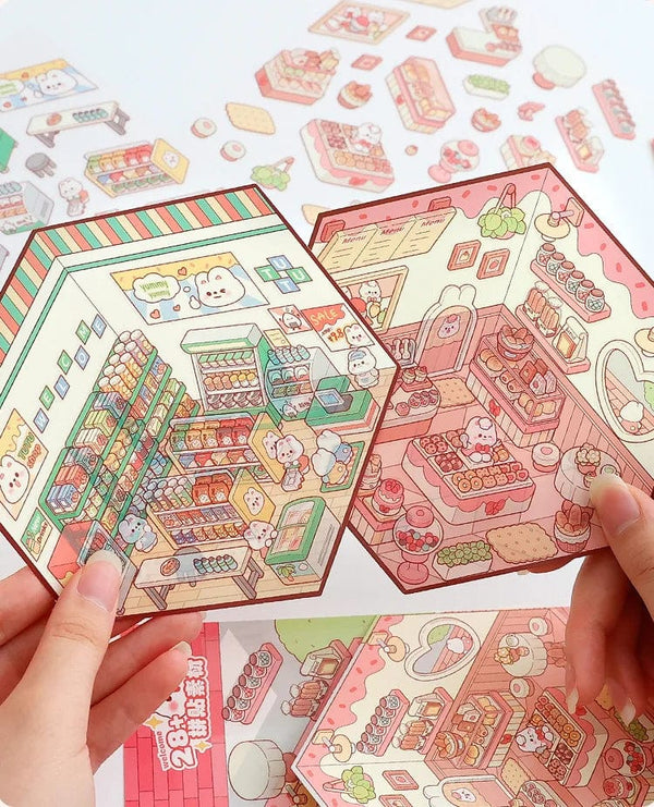 Planet Gates Cartoon Miniature Scene Stickers, No Cutting Landscape Stickers 3D Stereoscopic Hut Hand Tent Children's Stickers Quiet Book