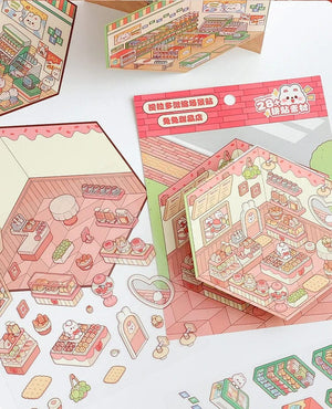 Planet Gates Cartoon Miniature Scene Stickers, No Cutting Landscape Stickers 3D Stereoscopic Hut Hand Tent Children's Stickers Quiet Book