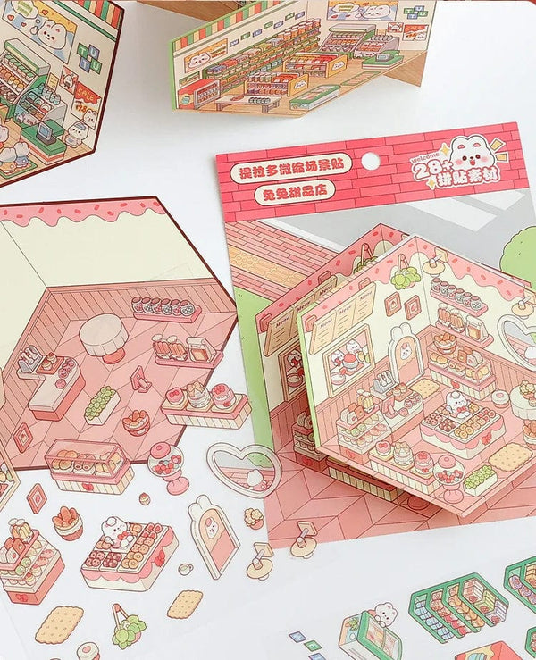 Planet Gates Cartoon Miniature Scene Stickers, No Cutting Landscape Stickers 3D Stereoscopic Hut Hand Tent Children's Stickers Quiet Book