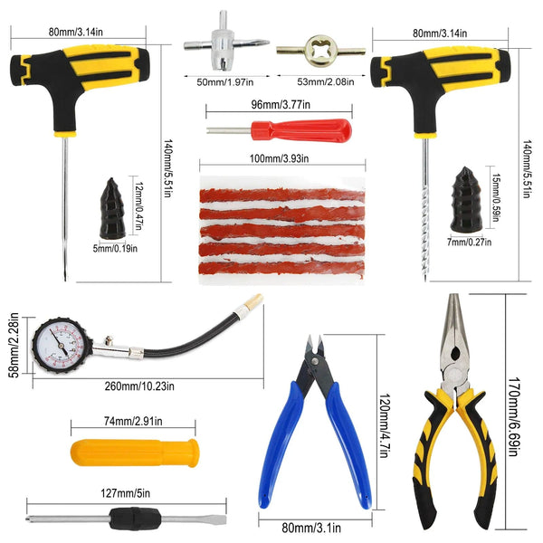 Planet Gates CASE-C-39PCS-Knief / CN Car Tire Repair Tool Kit Studding Set Auto Bike Puncture Plug Garage Needle Nose Pliers Vacuum Film Nail Screws W/ Storage Case