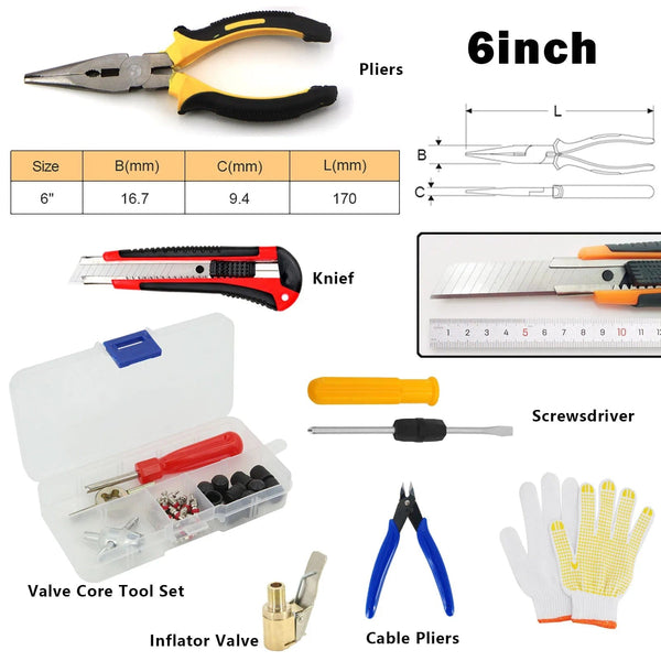 Planet Gates CASE-C-39PCS-Knief / CN Car Tire Repair Tool Kit Studding Set Auto Bike Puncture Plug Garage Needle Nose Pliers Vacuum Film Nail Screws W/ Storage Case