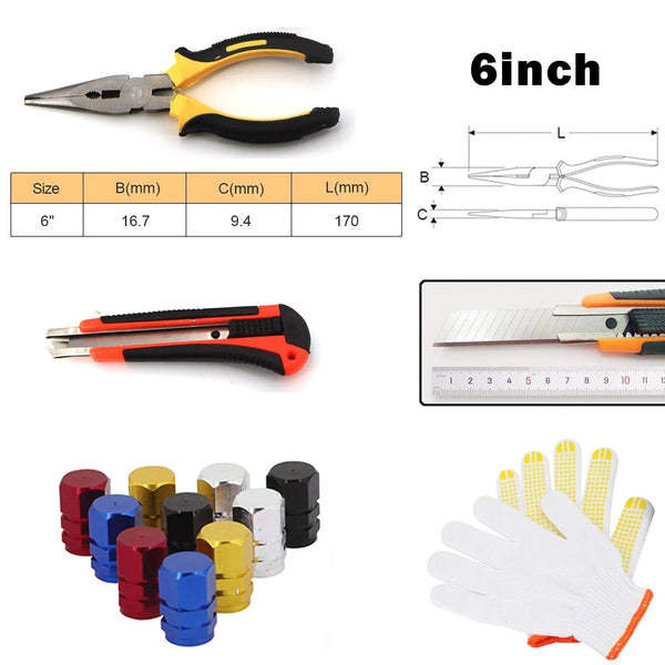 Planet Gates CASE-C-39PCS-Knief / CN Car Tire Repair Tool Kit Studding Set Auto Bike Puncture Plug Garage Needle Nose Pliers Vacuum Film Nail Screws W/ Storage Case