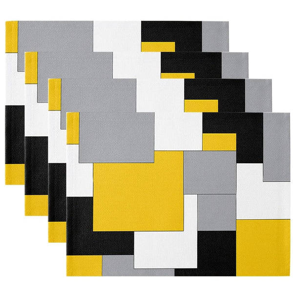 Planet Gates CD317-4PC 1/4pcs, Polyester Placemats, Abstract Colorful Geometric Table Mat, Rectangle Heat Insulation Pad, Yellow Gray Black Mosaic Block For Dining Tables
