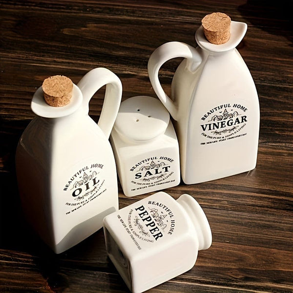 Planet Gates Ceramic Oil Bottle Condiment Bottle Set Of Four 4pcs/set, Oil Bottle, Ceramic Oil Dispenser Bottle, Leak-proof Oil Pot, Retro Oil Bottle, Seasoning Bottle, Spice Jar, Vinegar Bottle, Condiment Container For Kitchen Outdoor BBQ Camping Picnic, Kitchen Supplies, Kitchen