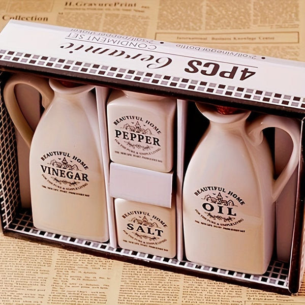 Planet Gates Ceramic Oil Bottle Condiment Bottle Set Of Four 4pcs/set, Oil Bottle, Ceramic Oil Dispenser Bottle, Leak-proof Oil Pot, Retro Oil Bottle, Seasoning Bottle, Spice Jar, Vinegar Bottle, Condiment Container For Kitchen Outdoor BBQ Camping Picnic, Kitchen Supplies, Kitchen