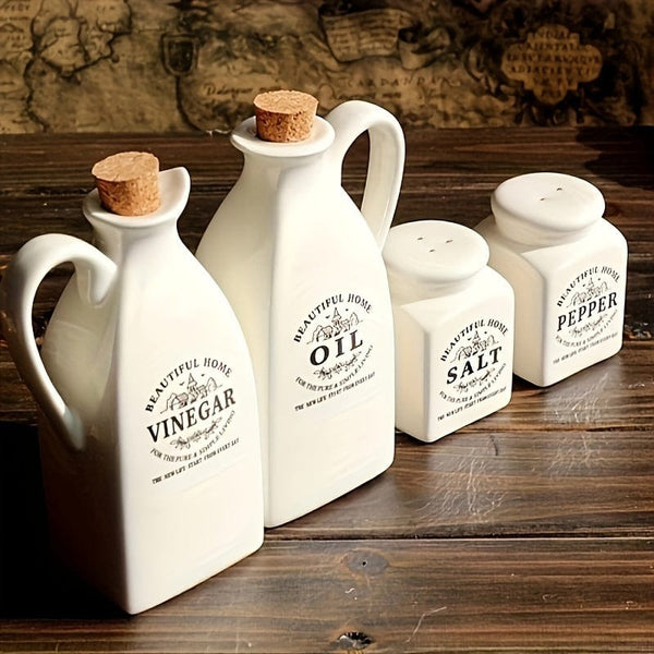 Planet Gates Ceramic Oil Bottle Condiment Bottle Set Of Four 4pcs/set, Oil Bottle, Ceramic Oil Dispenser Bottle, Leak-proof Oil Pot, Retro Oil Bottle, Seasoning Bottle, Spice Jar, Vinegar Bottle, Condiment Container For Kitchen Outdoor BBQ Camping Picnic, Kitchen Supplies, Kitchen