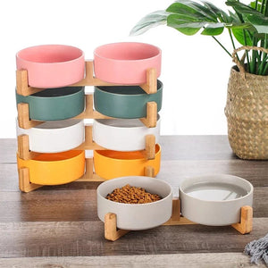 Planet Gates Ceramic Pet Bowl Dish With Wood Stand No Spill Pet Ceramic Double Bowl For Dog Cat Food Water Feeder Cats Small Dogs Pet bowl