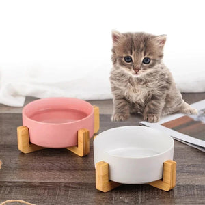 Planet Gates Ceramic Pet Bowl Dish With Wood Stand No Spill Pet Ceramic Double Bowl For Dog Cat Food Water Feeder Cats Small Dogs Pet bowl