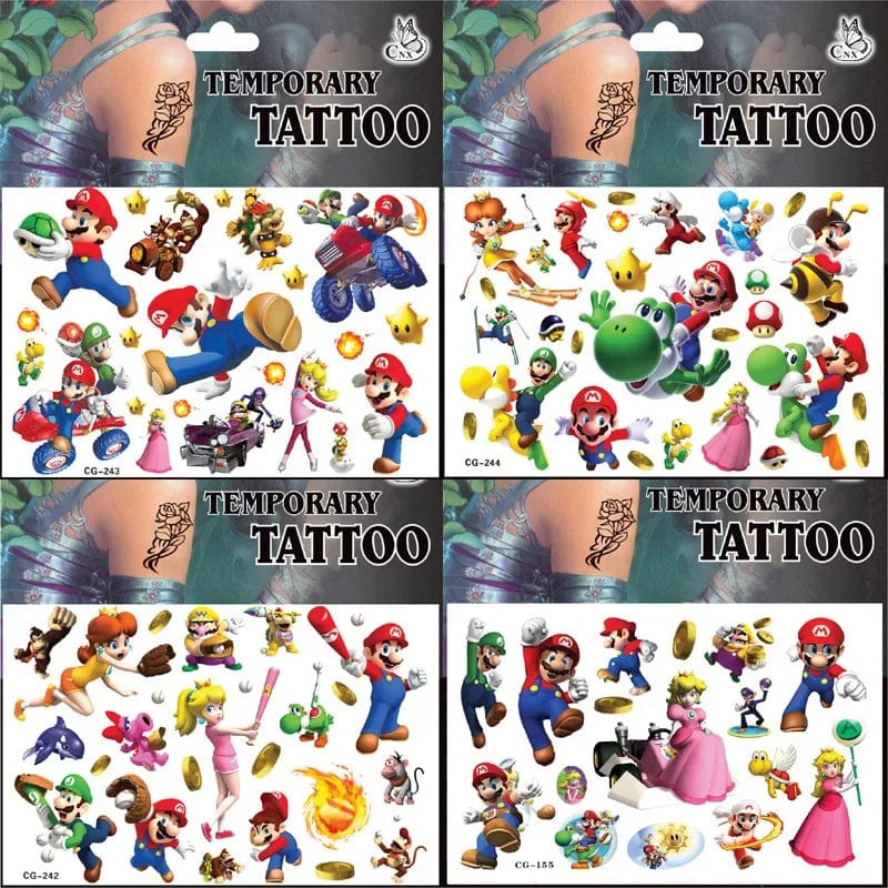 Planet Gates CG-262 Mario Tattoo Stickers Waterproof Cute Mario Sticker Anime Birthday Party Supplies Decoration For Kids Women Men Gifts