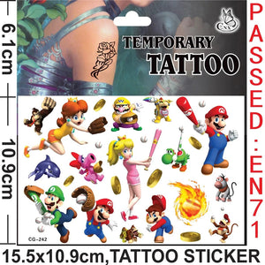 Planet Gates CG-262 Mario Tattoo Stickers Waterproof Cute Mario Sticker Anime Birthday Party Supplies Decoration For Kids Women Men Gifts