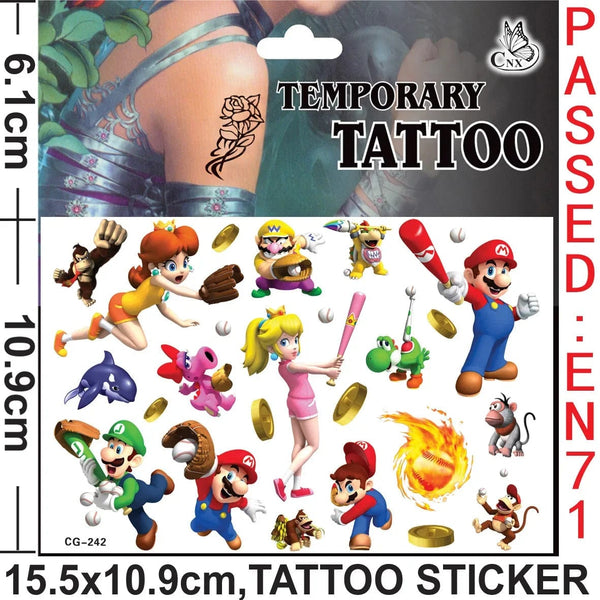 Planet Gates CG-262 Mario Tattoo Stickers Waterproof Cute Mario Sticker Anime Birthday Party Supplies Decoration For Kids Women Men Gifts