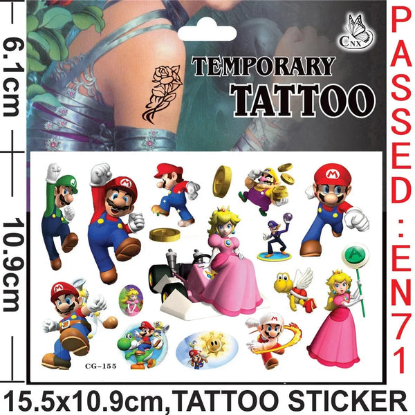 Planet Gates CG-262 Mario Tattoo Stickers Waterproof Cute Mario Sticker Anime Birthday Party Supplies Decoration For Kids Women Men Gifts