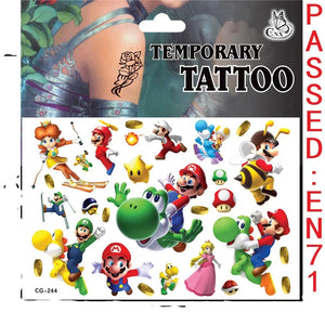 Planet Gates CG-262 Mario Tattoo Stickers Waterproof Cute Mario Sticker Anime Birthday Party Supplies Decoration For Kids Women Men Gifts