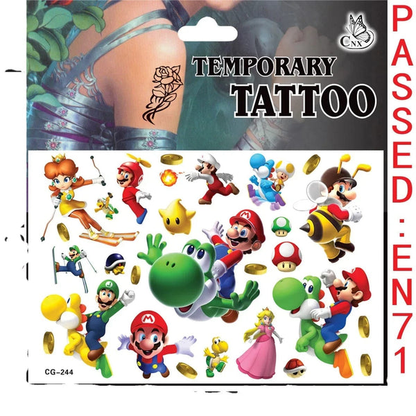 Planet Gates CG-262 Mario Tattoo Stickers Waterproof Cute Mario Sticker Anime Birthday Party Supplies Decoration For Kids Women Men Gifts