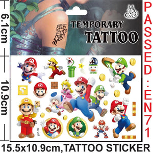 Planet Gates CG-262 Mario Tattoo Stickers Waterproof Cute Mario Sticker Anime Birthday Party Supplies Decoration For Kids Women Men Gifts