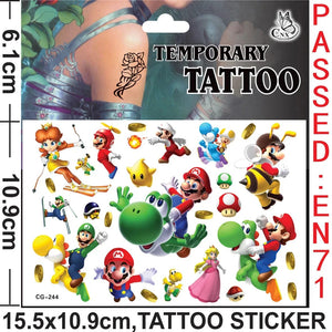 Planet Gates CG-262 Mario Tattoo Stickers Waterproof Cute Mario Sticker Anime Birthday Party Supplies Decoration For Kids Women Men Gifts
