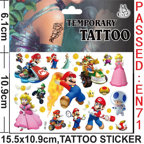 Planet Gates CG-262 Mario Tattoo Stickers Waterproof Cute Mario Sticker Anime Birthday Party Supplies Decoration For Kids Women Men Gifts