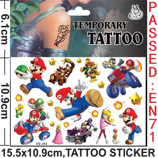 Planet Gates CG-262 Mario Tattoo Stickers Waterproof Cute Mario Sticker Anime Birthday Party Supplies Decoration For Kids Women Men Gifts