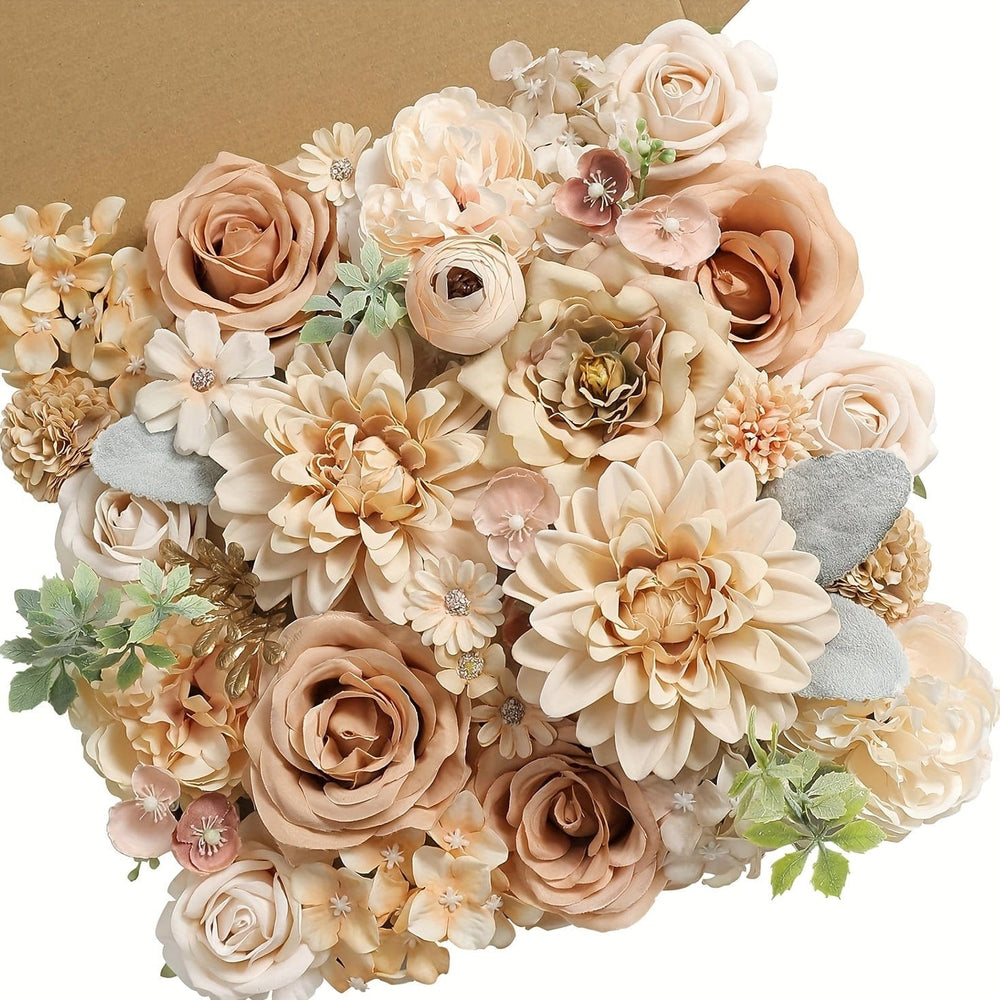 Planet Gates Champagne 1pc Artificial Flower Combination Box Set, Champagne Color Artificial Flower Loose Flower Leaves With Stems, Used For DIY Wedding Bouquet Center Decor, Spring Shower Party Home Decoration Valentine's Day
