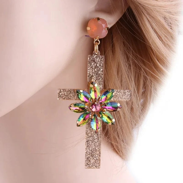 Planet Gates Champagne Drop Resin Cross Earrings Brand Crystal Big Earring Large Long Brinco Ear Accessories Oorbellen Christmas Gift jewelr
