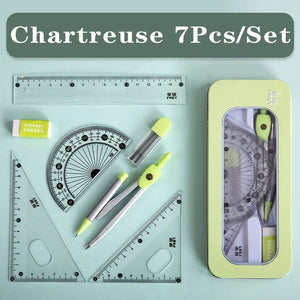 Planet Gates Chartreuse Set A 7Pcs/lot Ruler Set Kawaii Geometric Drawing Eraser Kit Back To School Math Compass Set Office School Supplies 2022 Stationery
