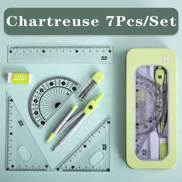 Planet Gates Chartreuse Set A 7Pcs/lot Ruler Set Kawaii Geometric Drawing Eraser Kit Back To School Math Compass Set Office School Supplies 2022 Stationery