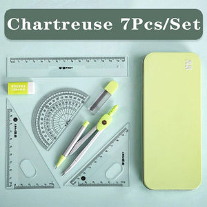 Planet Gates Chartreuse Set B 7Pcs/lot Ruler Set Kawaii Geometric Drawing Eraser Kit Back To School Math Compass Set Office School Supplies 2022 Stationery