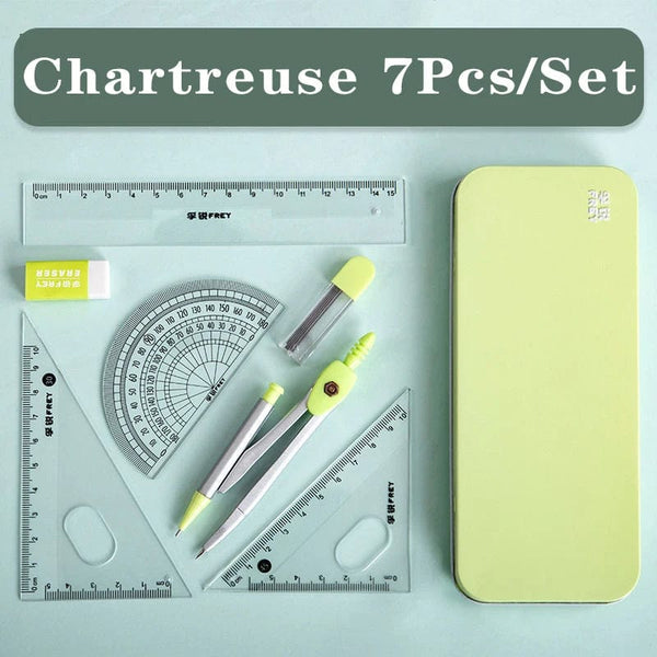 Planet Gates Chartreuse Set B 7Pcs/lot Ruler Set Kawaii Geometric Drawing Eraser Kit Back To School Math Compass Set Office School Supplies 2022 Stationery
