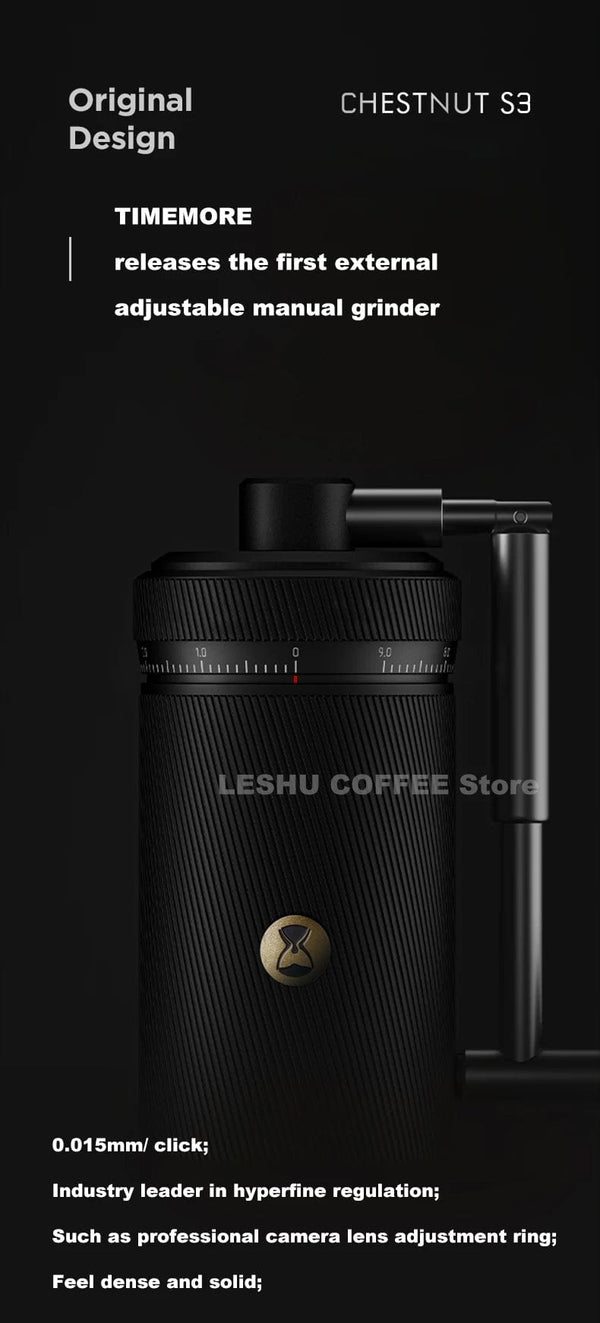 Planet Gates CHESTNUT S3 BLACK TIMEMORE CHESTNUT S3 Manual Coffee Grinder External Adjustment 0.015mm/click S2C890 Burr Inside Hand Espresso Grinder Mill