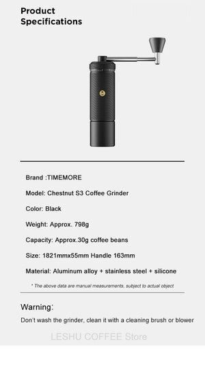 Planet Gates CHESTNUT S3 BLACK TIMEMORE CHESTNUT S3 Manual Coffee Grinder External Adjustment 0.015mm/click S2C890 Burr Inside Hand Espresso Grinder Mill