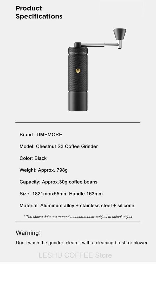 Planet Gates CHESTNUT S3 BLACK TIMEMORE CHESTNUT S3 Manual Coffee Grinder External Adjustment 0.015mm/click S2C890 Burr Inside Hand Espresso Grinder Mill