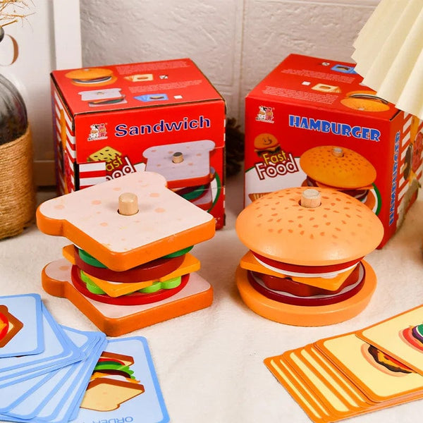 Planet Gates Children Pretend Play Kitchen Toys Hamburger Sandwich Simulation Food Matching Games Montessori Educational Wooden Stacking Toys